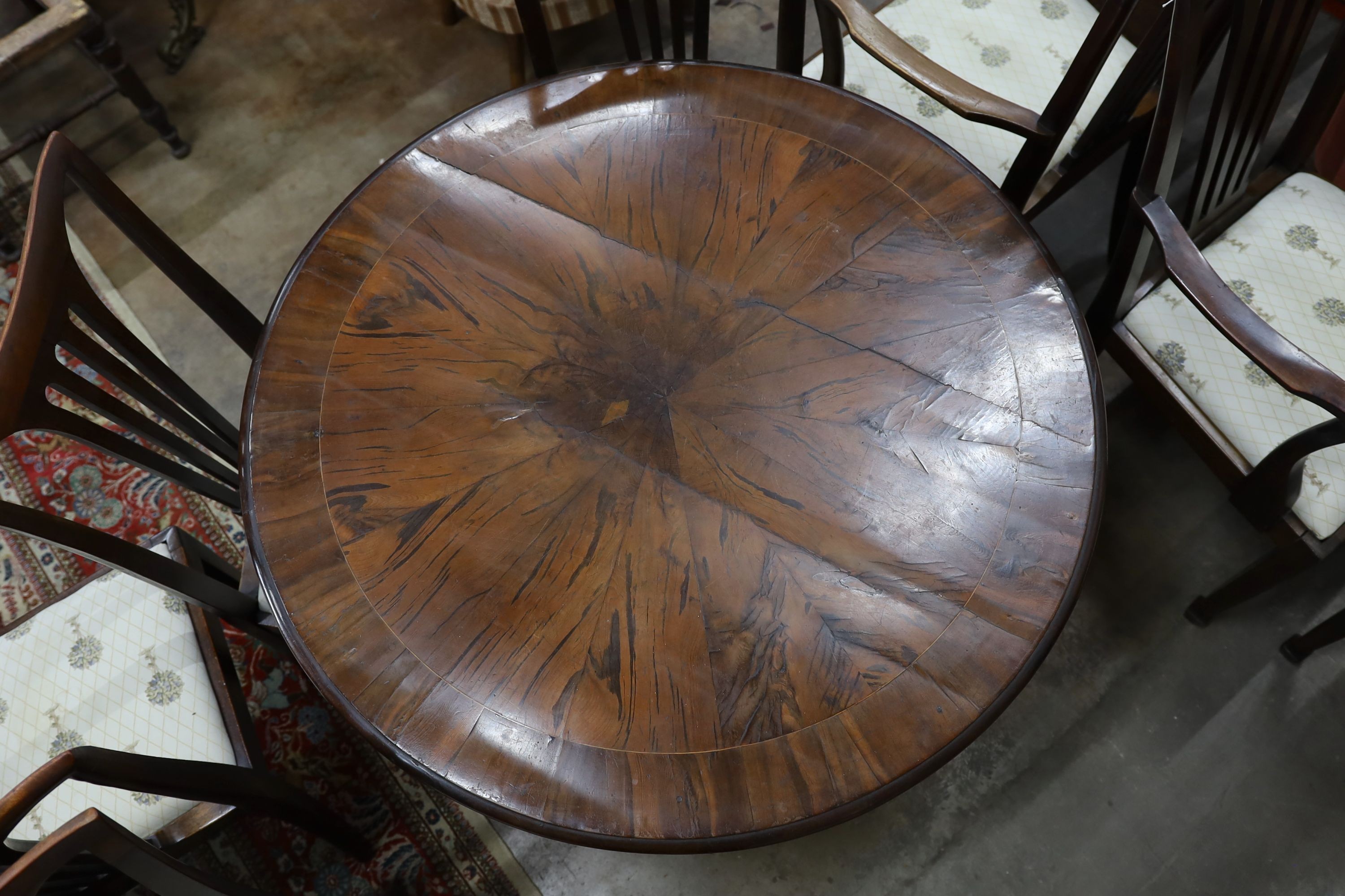 An mid 19th century yew wood circular centre table, diameter 104cm, height 71cm